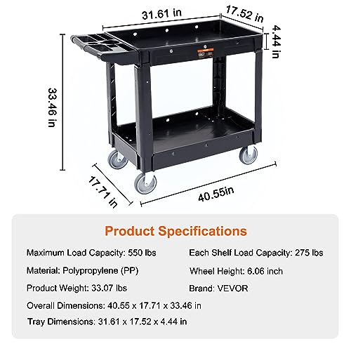 VEVOR Utility Service Cart, 2 Shelf 550LBS Heavy Duty Plastic Rolling Utility Cart, Medium Lipped Shelf, 360° Swivel Wheels, Ergonomic Storage Handle for Warehouse Garage, Black | Heavy Duty Rolling Cart with 360° Swivel Wheels, Medium Lipped Shelf, Ergon