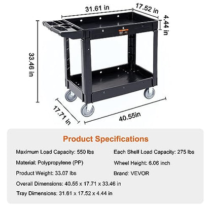 VEVOR Utility Service Cart, 2 Shelf 550LBS Heavy Duty Plastic Rolling Utility Cart, Medium Lipped Shelf, 360° Swivel Wheels, Ergonomic Storage Handle for Warehouse Garage, Black | Heavy Duty Rolling Cart with 360° Swivel Wheels, Medium Lipped Shelf, Ergon