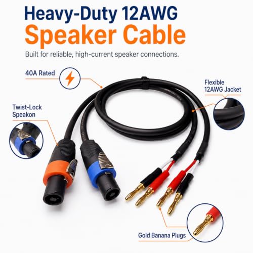 Speakon NL4FX to Banana Plug Speaker Cable 2-Pack, 12AWG 40A Heavy-Duty OFC, Twist-Lock for PA System, Live Sound, Stage, DJ, for QSC, Crown, Yamaha, JBL Amplifier