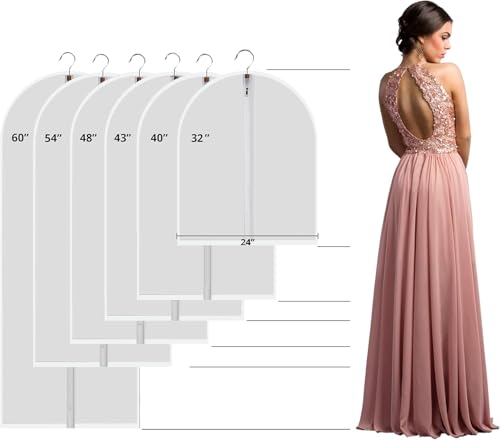 MsKitchen 6 Pack Long Garment Bags (24x60") - Dustproof Gown Covers - Durable PEVA Hanging Bags with Sturdy Zipper for Maxi Dresses, Long Coats & Dance Costumes (Translucent) - color: Translucent, size: 24" x 60" 6 Pack