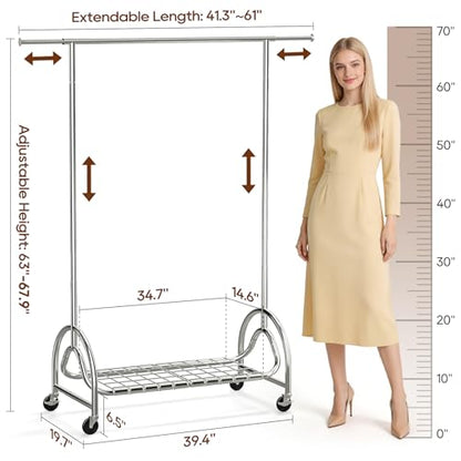 TigerParty Heavy Duty Clothing Rack for Hanging Clothes, Metal Clothes Rack Load 600 LBS, Rolling Coat Racks for Hanging Clothes with Lockable Wheels, Wardrobe Closet Garment Racks for Bedroom - size: 63" or 68"