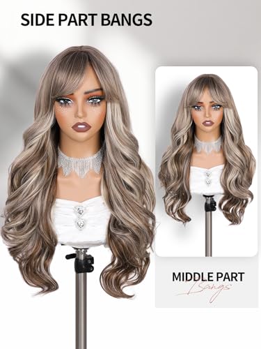 WIGER Long Brown Mixed Blonde Curly Wig With Bangs, Ombre Brown Highlight Blonde Synthetic Wigs, Layered Romantic Wavy Hair for Women Daily Party Use - color: Brown Mixed Blonde