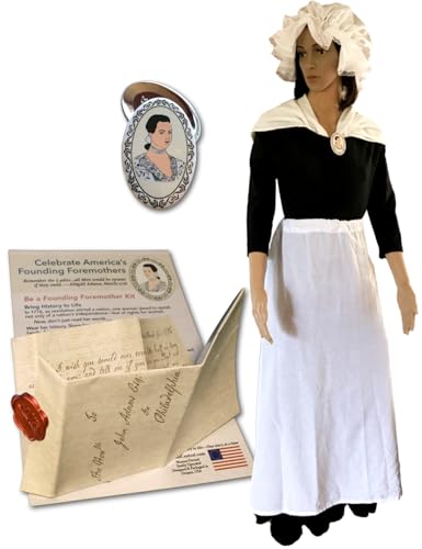 Colonial costume women,1776 Revolutionary War, Betsy Ross. 6-Item Costume Accessories Set with Mob Cap Bonnet, Apron, Shawl, Brooch, "Remember the Ladies" Sealed Letter & Guide. Dress not included.