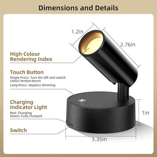 Spotlights Indoor with Remote & Touch, 5500mAh Rechargeable Battery Picture Lights with Timer, 10 Levels Brightness Dimmable Uplights Indoor for Tree Painting Cabinet Wall Gallery (4 Pack) - color: 4 x Black