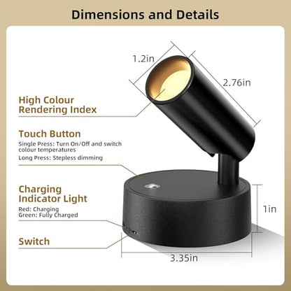 Spotlights Indoor with Remote & Touch, 5500mAh Rechargeable Battery Picture Lights with Timer, 10 Levels Brightness Dimmable Uplights Indoor for Tree Painting Cabinet Wall Gallery (4 Pack) - color: 4 x Black