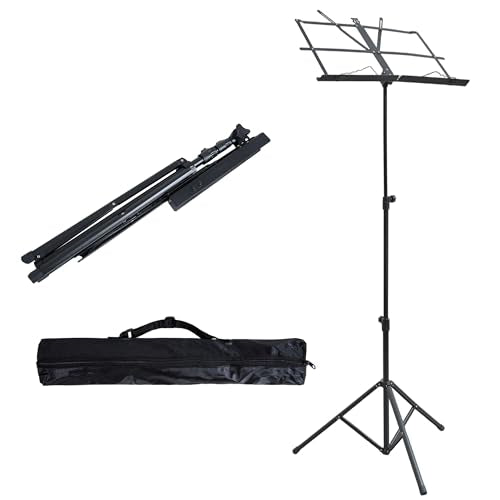 Folding Music Stand, Portable Sheet Music Holder with Adjustable Height & 360° Tilt, Lightweight & Foldable Music Stand with Stable Tripod Base, Carrying Bag, Dual-Use Desktop Book Stand for Students