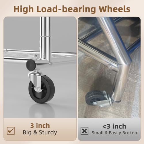 EAGMAK Heavy Duty Clothes Rack Load 556 LBS, Rolling Clothing Rack With Shelves, Height Adjustable Metal Clothes Hanger with Wheels Portable Wardrobe Organizer Garment Rod for Hanging Clothes (Silver) - color: Silver, style: 2 Shelves