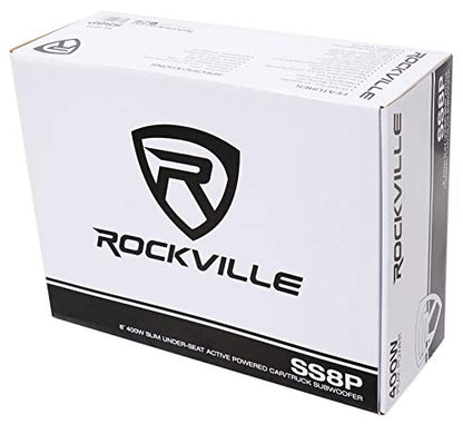 Rockville SS8P 8" Powered Under-Seat Car Subwoofer with RWK10 Amp Kit | 400W Peak / 100W RMS, RCA and High-Level Inputs, Auto Turn-On, Bass Knob, 10 Gauge 100% Copper Wiring, 2-Items