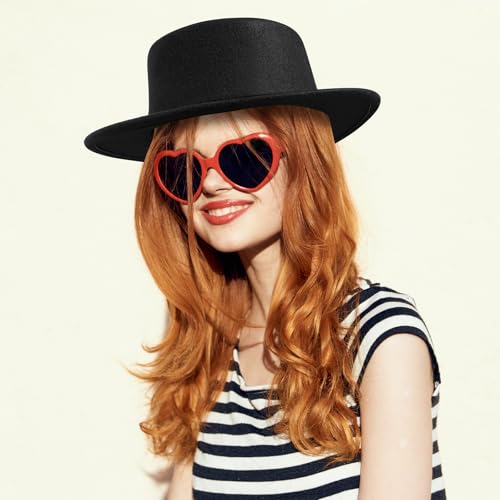 Fashion Classic Black Fedora Hats + Red Heart Sunglasses Costume Outfit - Flat Wide Brim Church Cap Jazz Hat - style: Kids