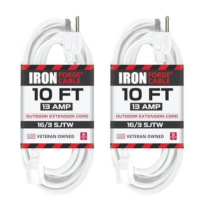 Iron Forge Cable 16 Gauge Heavy Duty White Extension Cord, 10 Ft - SJTW | 16/3 SJTW Cable, 2 Pack, 3 Prong Grounded Plug, 13 Amp - For Landscaping, Leaf Blowers, Lights, Appliances - size: 10 Foot - 2pk