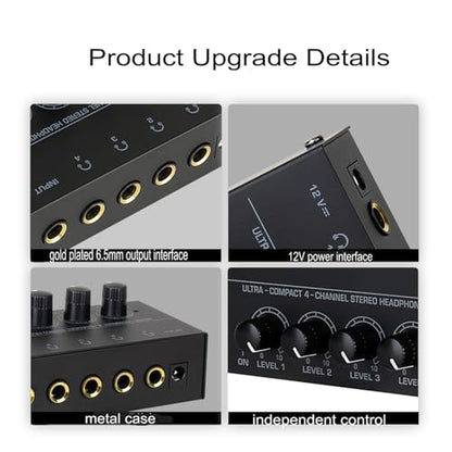 Headphone Amplifier, HA400 4-Channel Metal Stereo Audio Amplifier, Mini Earphone Splitter W/ & DC 12V Power Adapter, for Sound Mixer PC Guitar Studio Stage (Black) - style: HA400 + TRS