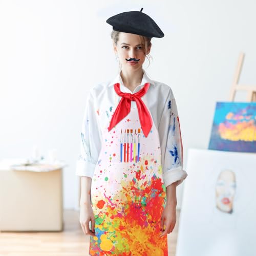 Kyson Artist Costume for Adult 8 Pcs Painter Halloween Dress Up with Beret Apron Palette Paint Brushes Earrings Bandana Beard - color: White Splatter Apron