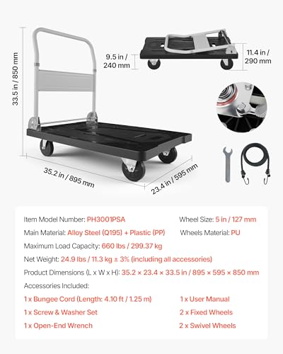 VEVOR Foldable Push Cart Dolly, 660 lbs Capacity, Folding Platform Truck with Swivel Wheels, Moving Platform Hand Truck Flatbed Cart, Space Saving Push Handle, for Easy Storage, 35.2 x 23.4 x 33.5 in - size: 35.2 x 23.4 x 33.5 in/ 895 x 595 x 850 mm