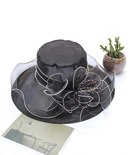 Women Derby Fascinator Hat Organza Church Wedding Hats Wide Brim Cocktail Tea Party Hat - color: 09 Black