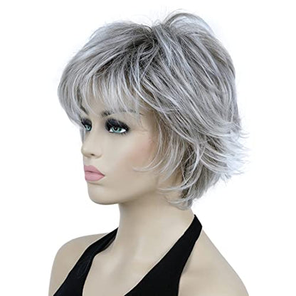 Lydell 8" Short Layered Shaggy Wavy Full Synthetic Wig (48T Light Gray with Dark Root) - color: 48T Gray with Dark Root