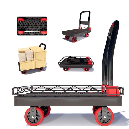 2IN1 36×24 Heavy Duty Platform Trucks Flatbed Carts | 1760lbs Capacity Push Cart Hand Dolly w/Detachable Solid Steel Wire Fence, Collapsible Cage, 5-Inch Silent TPR Wheels - size: 36" L X 24" W
