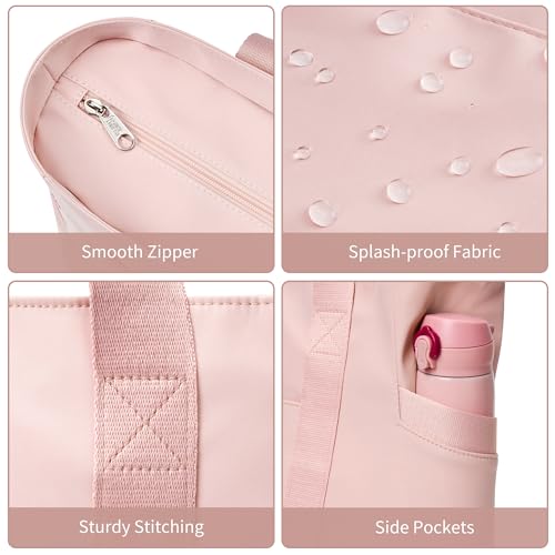 WLLWOO Large Tote Bag, 14” Laptop Work Travel Bag with Trolley Sleeve | Multi Pocket Water Splash Zipper Shoulder Handbag for Women Daily Nurse Gym Commute - color: Pink