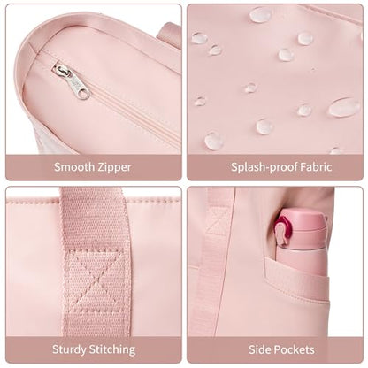 WLLWOO Large Tote Bag, 14” Laptop Work Travel Bag with Trolley Sleeve | Multi Pocket Water Splash Zipper Shoulder Handbag for Women Daily Nurse Gym Commute - color: Pink