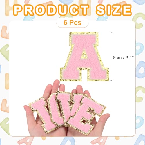 MECCANIXITY Chenille Letter Patches 3.1" Alphabet A Iron on Embroidered Patch Sew on Letter Stickers Applique for Repairing Clothing Jeans Shoes Hats DIY(Pink, Pack of 6) - style: Letter-A
