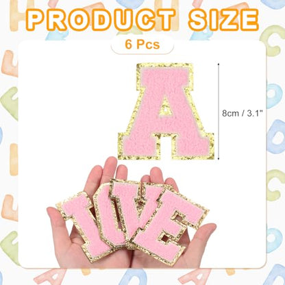 MECCANIXITY Chenille Letter Patches 3.1" Alphabet A Iron on Embroidered Patch Sew on Letter Stickers Applique for Repairing Clothing Jeans Shoes Hats DIY(Pink, Pack of 6) - style: Letter-A