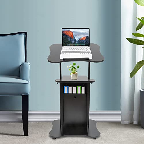 Mobile Laptop Podium, Height Adjustable Sit to Stand Desk with Tilting Desktop & Storage Cabinet, Ergonomic Rolling Lectern Cart Laptop Desk, Office Podium Stand on Wheels (1 Set: with Sliding Door)
