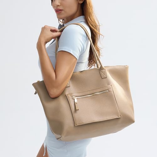 HOXIS Tote Bag for Women with Zipper Vegan Leather Handbag with Trolley Sleeve Travel Weekender Carryall Bag - color: Nude