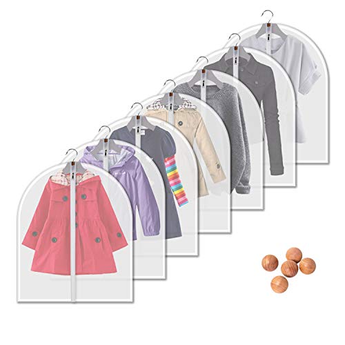 Garment Bags 7 Pack, 24x31 Inch Clothes Covers with 5 Cedar Balls | Dust Proof Translucent PEVA, Full-Length Zipper, 5 Natural Cedar Balls Included, for Kids' Clothing, Blouses, Closet Storage - size: 24"x 31" + Cedar Balls