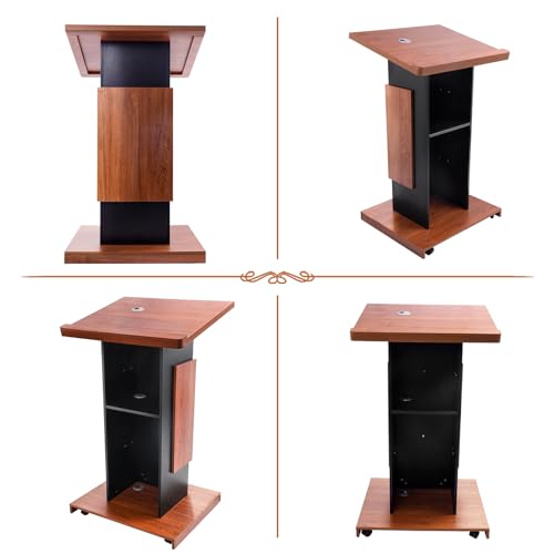 Wood Podium Stand with 4 Lockable Wheels，44.6“ Wooden Lectern with Storage，Wooden Standing Pulpit with Wire Hole for Church Office School Home Conference Restaurant Meeting Auditorium - size: 44.6IN