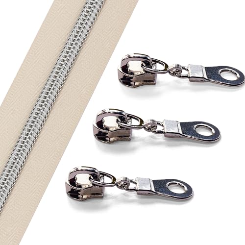 Sawoake 10 Yards Bulk Zipper(#5), Beige Nylon Coil Zipper with Silver Teeth by The Yards, Replacement Sewing Zipper with 10PCS Zipper Sliders for DIY Sewing Craft Bags(#5 Silver Beige) - color: Silver-Beige