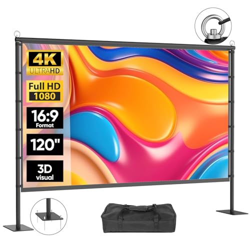 120 Inch Projector Screen with Stand, Portable Outdoor Movie Screen | 120-inch projector screen with upgraded 4-hole base plate for stability, and quick setup with carry bag for indoor outdoor