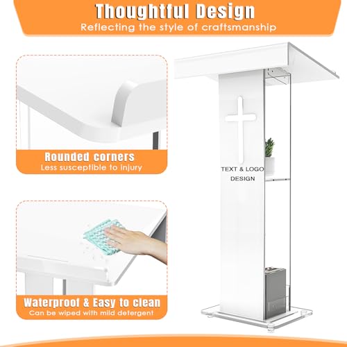 45.3 Customized Logo and Text Acrylic Podium Lectern, Pulpit for Churches with Double Shelves, Modern Plexiglass Pulpits Lectern with Cross Design for Classroom, Conference, Wedding and More - size: 45.3IN-cross customize