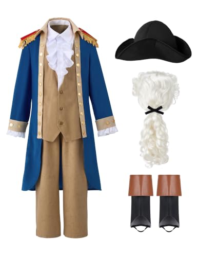 Spooktacular Creations George Washington Costume for Kids, Colonial Boys Costume with Wig and Hat for Halloween DressUp Party - size: Large (10-12yr)