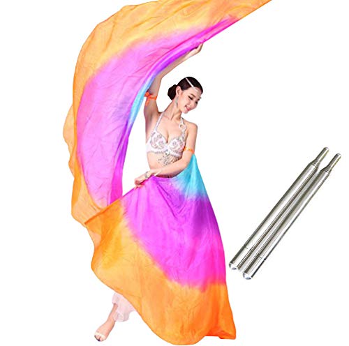 KIKIGOAL 100% Silk Belly Dance ISIS Wings Scarf Veil Fan with Telescopic Stick for Halloween Carnival Performance 1.4x2.7cm - color: Gradual Orange