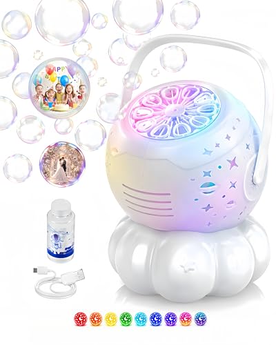 Bubble Machine for Kids, 3-in-1 Rechargeable Bubble Maker with 9 Night Light Star Projector, 30000+ Bubbles/Min, 600ml Large Capacity Electric Bubble Blower Toy for Weddings (Round)