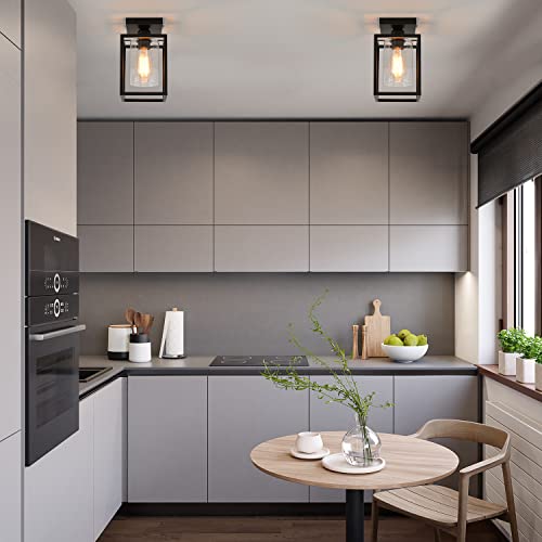 3 Pack Semi Flush Mount Ceiling Light,Black Metal Frame Ceiling Light Fixture with Clear Glass Shade, Farmhouse Light Fixture for Kitchen Island Entryway Porch Foyer - color: 3 PACK