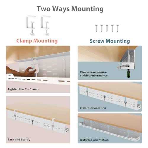 Univivi Under Desk Cable Management Tray, Cable Management, 48 inch, White | Durable Steel Material, Under Desk Cable Tray with No-Drill C-Clamp and Screw Mount, Wire Management for Office/Home - color: White, size: 48"