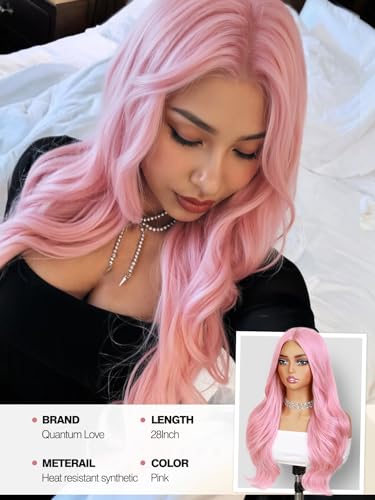 Quantum Love Long Curly Pink Wig for Women Long Wavy Middle Part Light Pink Wigs 28Inch Natural Looking Synthetic Fashion Color Hair for Cosplay Halloween Daily Party Use - color: Pink