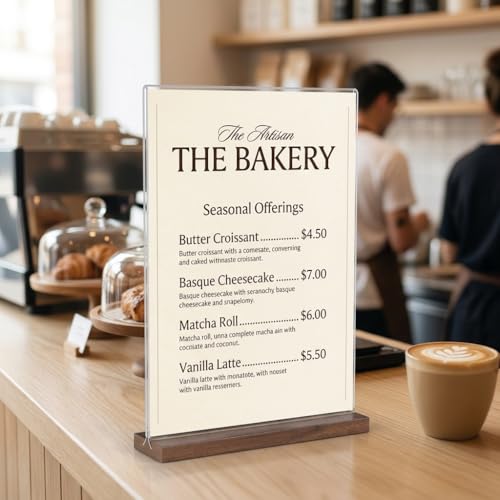 Acrylic Sign Holder 8.5 x 11 with Wooden Base, Double-Sided Horizontal Menu Display Stand, T-Shape Clear Paper Holder for Restaurant Cafe Office Wedding, 3 Pack