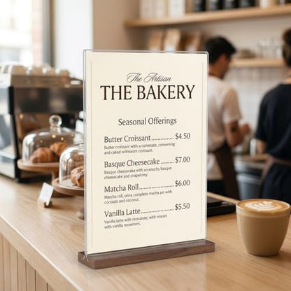 Acrylic Sign Holder 8.5 x 11 with Wooden Base, Double-Sided Horizontal Menu Display Stand, T-Shape Clear Paper Holder for Restaurant Cafe Office Wedding, 3 Pack
