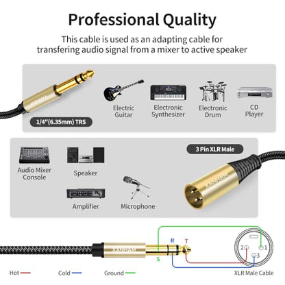 XLR Male to 1/4 Inch(6.35mm) Male 10 Feet/3 Meter TRS Balanced Cable XLR to Quarter Inch Jack Patch Cord for Speaker and Microphone - size: 3 m