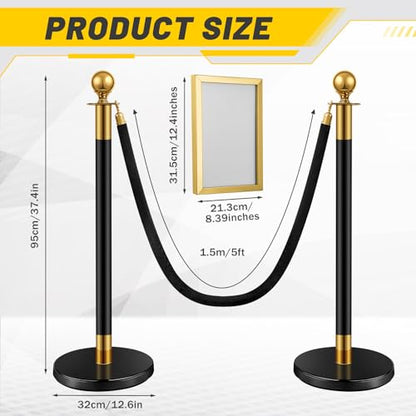 Velvet Ropes and Posts, 4 Stainless Steel Stanchions, Sign Holder, Black | 2x5 ft Velvet Ropes, Fillable Bases, Sign Holder, Crowd Control Barriers for Red Carpet Events, Hotel, Theater, Weddings - color: Black Gold