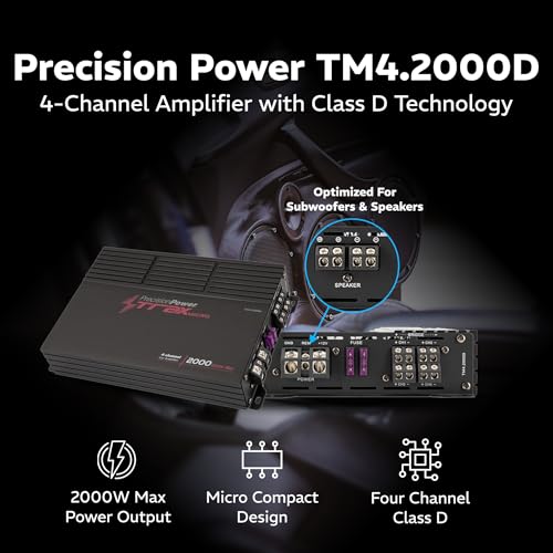 Precision Power TM4.2000D, Trax Micro Series Car Stereo Amplifiers, 4 Channel Compact Voice Amplifier, 4Ch Stereo Amp for Highs, Multi Channel Class D Audio Amps - size: TM4.2000D