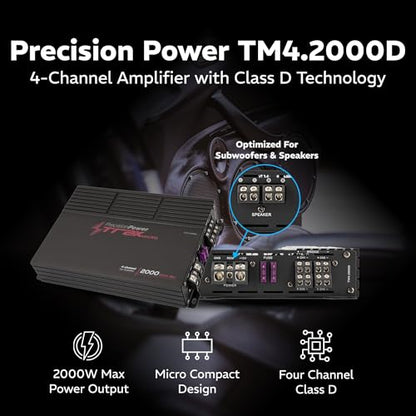Precision Power TM4.2000D, Trax Micro Series Car Stereo Amplifiers, 4 Channel Compact Voice Amplifier, 4Ch Stereo Amp for Highs, Multi Channel Class D Audio Amps - size: TM4.2000D