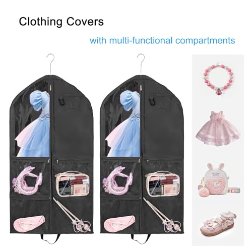 40Inch Garment Bag for Hanging Clothes, Waterproof Dance Costume Bags, Gusseted Hanging Garment Bags for Travel Storage, Kids Garment Bag, Garment Bag for Dance Competitions（Black-2 pack)