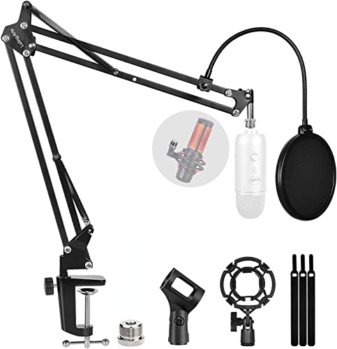 Microphone Stand for Blue Yeti, Quadcast Boom Arm Scissor Mic Stand with Windscreen and Double layered screen Pop Filter Heavy Duty Mic Boom Scissor Arm Stands, Broadcasting and Recording.Game - size: Medium Boom arm