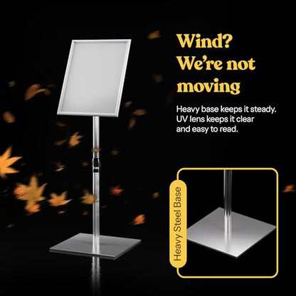 T-Sign 31.5 to 48 Inch Pedestal Sign Holder - Adjustable Floor Sign Stand for 8.5x11 Displays, Heavy Duty Outdoor Sign Holder with Square Base for Restaurants, Retail, Trade Shows, and Events (Silver) - size: 8.5 x 11 inches, Silver