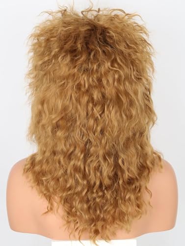 80s Rock Diva Wig Dirty Gold Fluffy Big Roll Mullet Wigs for Man or Woman Halloween Party Costume Cosplay Wig - color: Golden/Brown
