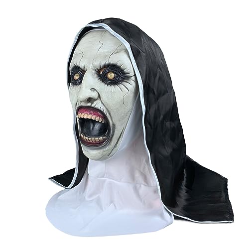 Scary Nun Mask, Latex Nightmare Masks with Scraf Halloween Scream Women Nun's Costume Conjuring Full Head Headwear Party Props