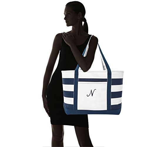 DALIX Premium Beach Bags Striped Navy Blue Zippered Tote Bag Monogrammed A - Z - color: N