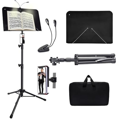 Sheet Music Stand with Light and Phone Holder, 57" Portable Music Stand for Sheet Music High Stability, Height Adjustable Music Stands with Carrying Bag(33-57inch, Plate without hole) - size: 33inch-57inch, Plate